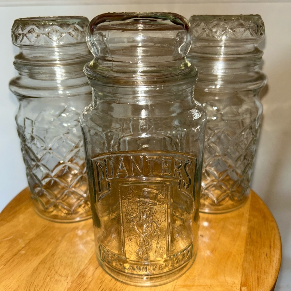 Vintage 3 Planters Peanuts Jars 1981 & 1984 Mr Peanut and Diamond Pattern EUC